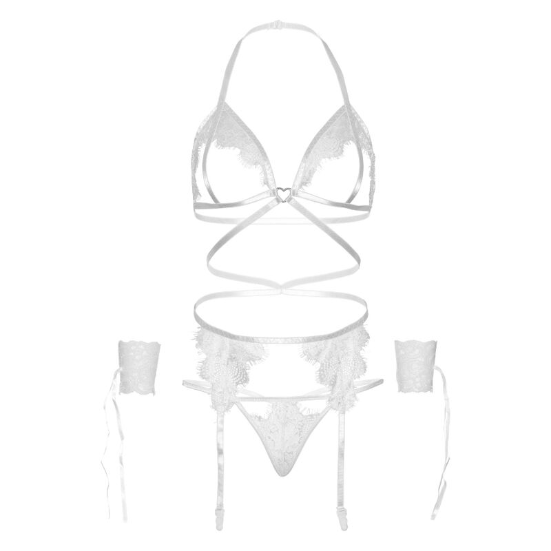 LEG AVENUE - FOUR-PIECE SET: BRA, G-STRING, GARTER AND WRIST CUFFS, ONE SIZE - WHITE