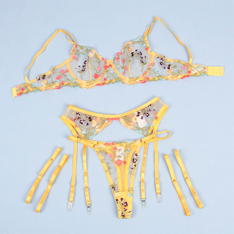SUBBLIME - 954345 Bra + String + Garter Belt Floral Design Yellow S/M