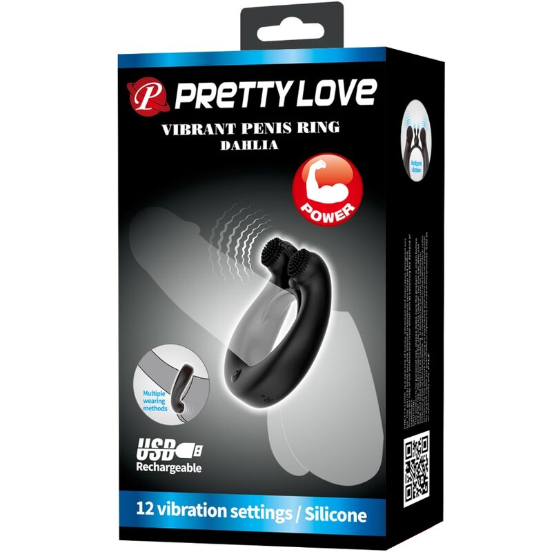 PRETTY LOVE - DAHLIA VIBRATION RING + CLITORAL Stimulator 12 VIBRATIONS BLACK