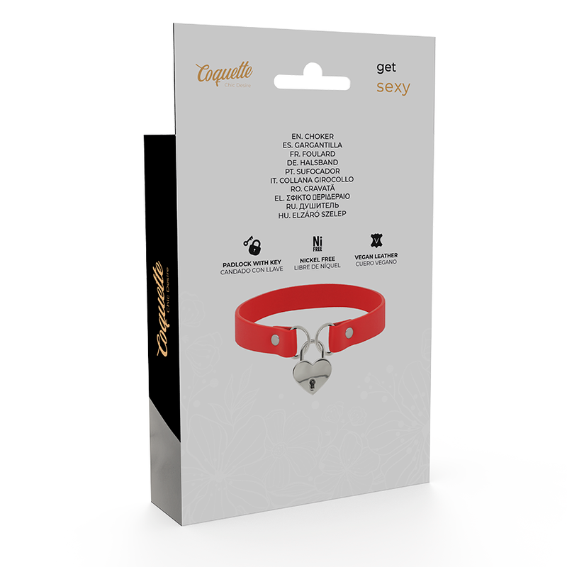 COQUETTE CHIC DESIRE - RED VEGAN LEATHER NECKLACE WITH HEART ACCESSORY AND KEY