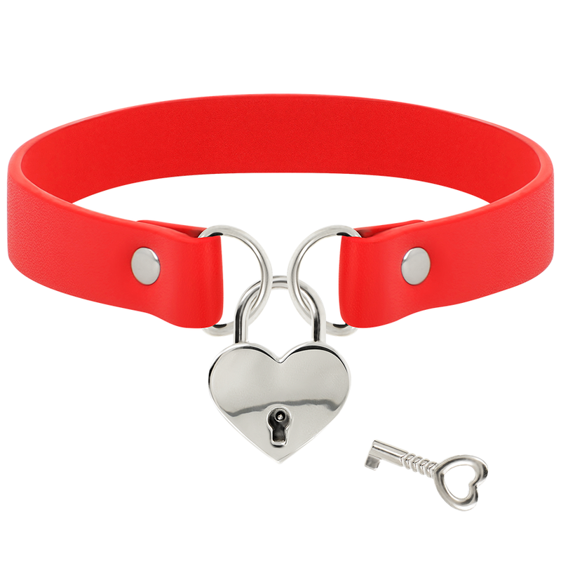 COQUETTE CHIC DESIRE - RED VEGAN LEATHER NECKLACE WITH HEART ACCESSORY AND KEY