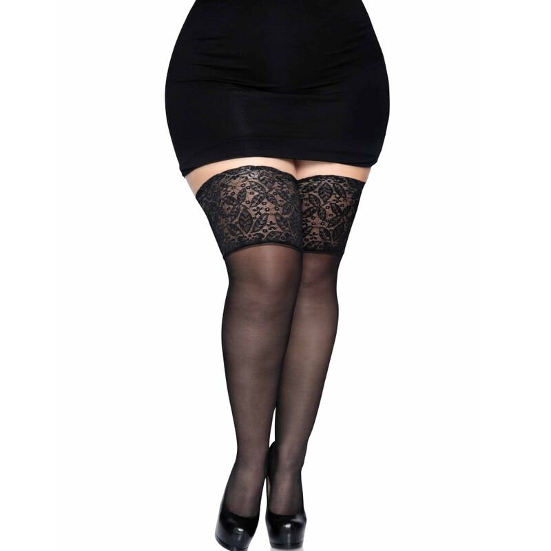 LEG AVENUE - BLACK SELF-ADHESIVE WIDE LACE TIGHTS PLUS SIZE