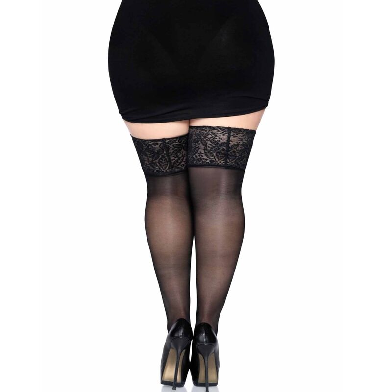 LEG AVENUE - BLACK SELF-ADHESIVE WIDE LACE TIGHTS PLUS SIZE
