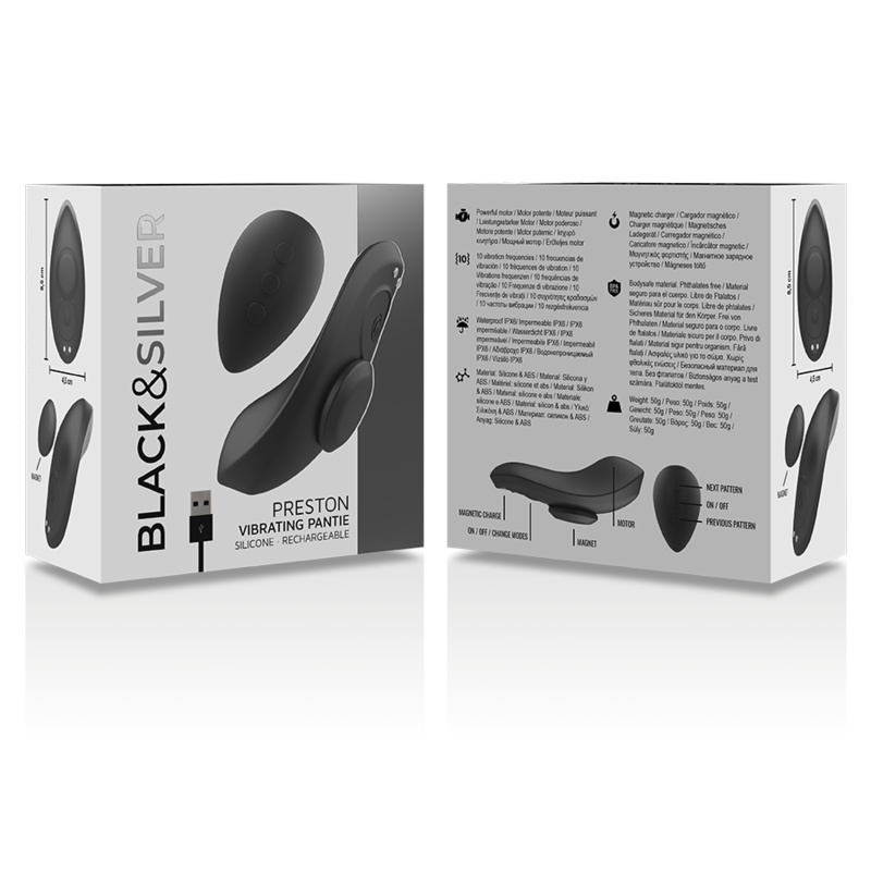 BLACK&amp;SILVER - PRESTON RECHARGEABLE SILICONE VIBRATOR PANTIES BLACK