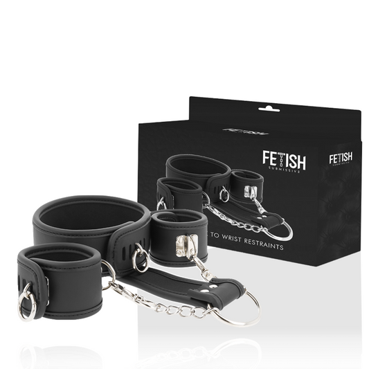 FETISH SUBMISSIVE - NECKLACE AND HANDCUFFS MADE OF VEGAN LEATHER WITH NOPRENE LINING