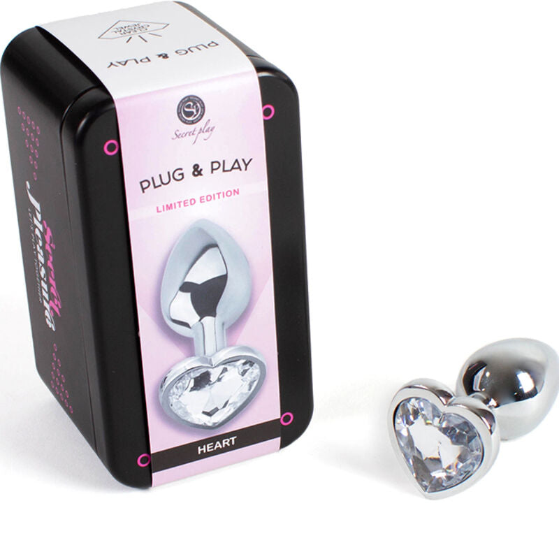 SECRETPLAY - METAL BUTT PLUG, CLEAR CRYSTAL HEART, SMALL SIZE 7 CM