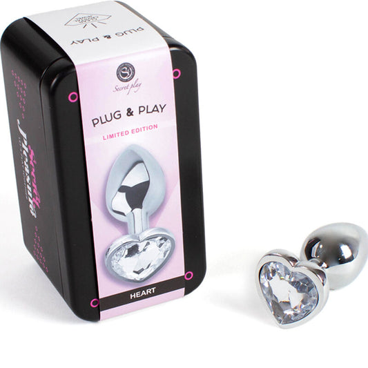 SECRETPLAY - METAL BUTT PLUG, CLEAR CRYSTAL HEART, SMALL SIZE 7 CM