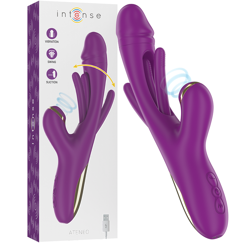 INTENSE - ATENEO RECHARGEABLE MULTIFUNCTION VIBRATOR 7 VIBRATIONS WITH OSCILLATING TONGUE AND PURPLE SUCTION TUBE