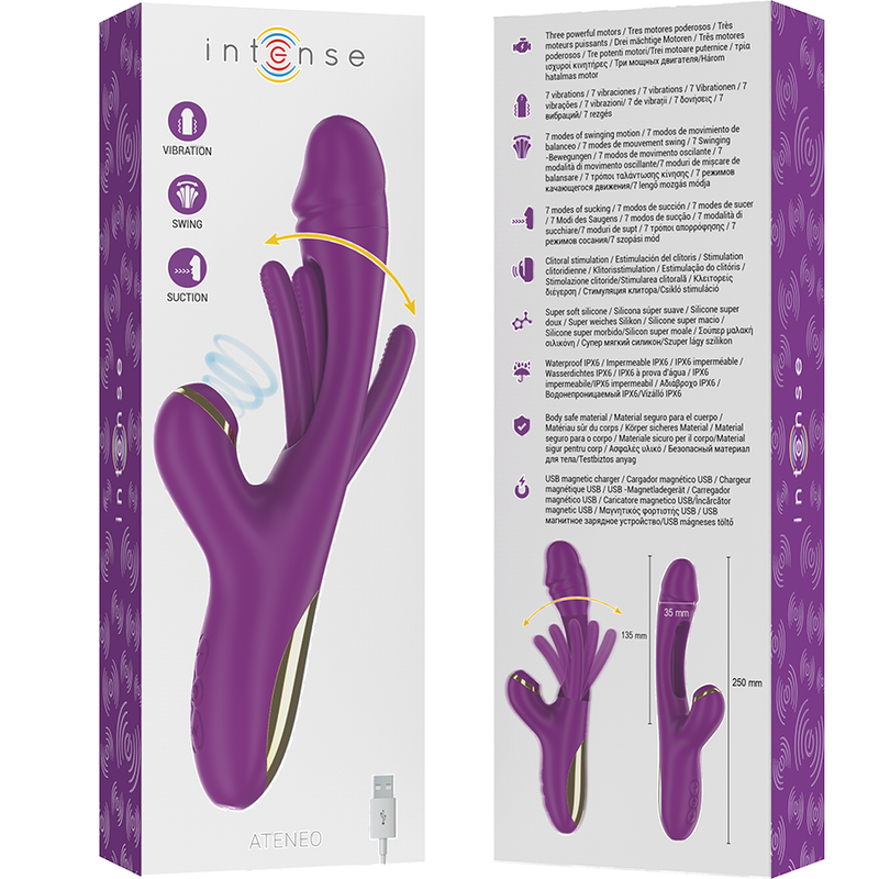 INTENSE - ATENEO RECHARGEABLE MULTIFUNCTION VIBRATOR 7 VIBRATIONS WITH OSCILLATING TONGUE AND PURPLE SUCTION TUBE