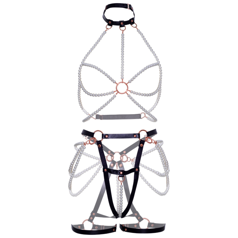 LEG AVENUE - HARNESS BRA &amp; PEARL GARTER L
