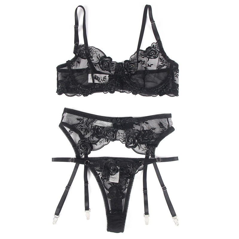 SUBBLIME - 3-PIECE SET BRA + Thong + Garter Belt FLORAL PRINT BLACK L/XL