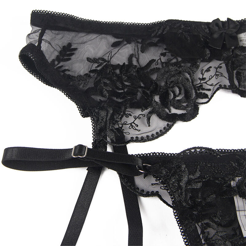 SUBBLIME - 3-PIECE SET BRA + Thong + Garter Belt FLORAL PRINT BLACK L/XL