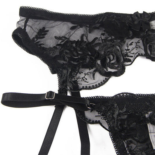SUBBLIME - 3-PIECE SET BRA + Thong + Garter Belt FLORAL PRINT BLACK L/XL