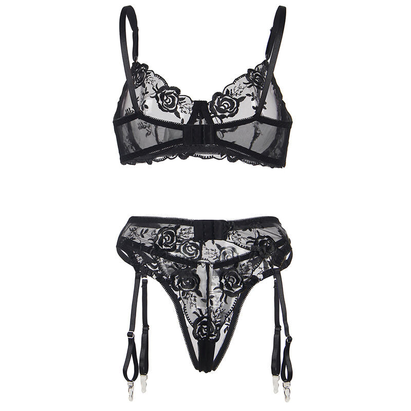 SUBBLIME - 3-PIECE SET BRA + Thong + Garter Belt FLORAL PRINT BLACK L/XL