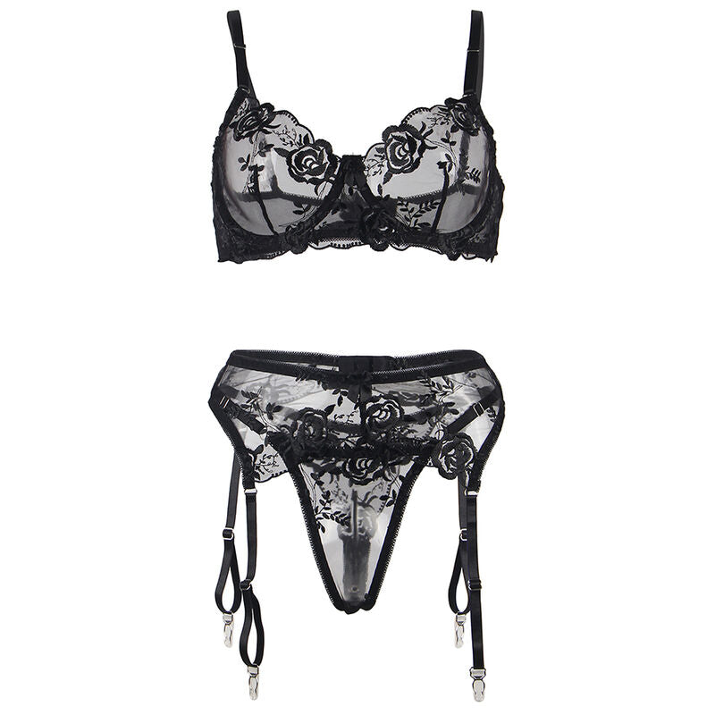 SUBBLIME - 3-PIECE SET BRA + Thong + Garter Belt FLORAL PRINT BLACK L/XL