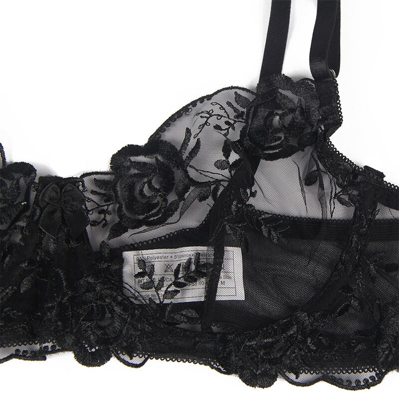SUBBLIME - 3-PIECE SET BRA + Thong + Garter Belt FLORAL PRINT BLACK L/XL