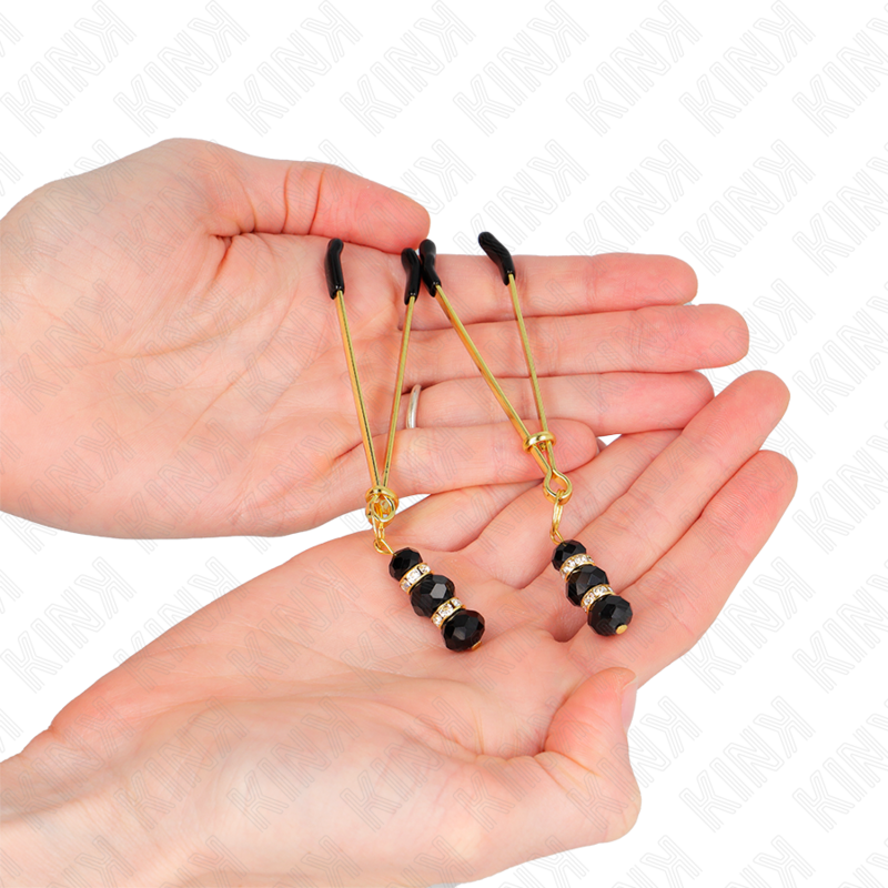 KINK - GOLDEN THIN NIPPLE CLAMPS WITH 3 BLACK GLASS BEADS 7 CM