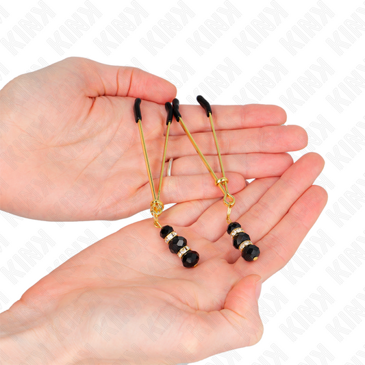 KINK - GOLDEN THIN NIPPLE CLAMPS WITH 3 BLACK GLASS BEADS 7 CM