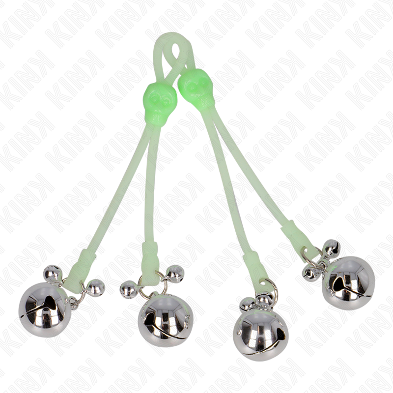 KINK - Glow-in-the-Dark Skull Nipple Clips with Adjustable Ring Bells, Green/Silver