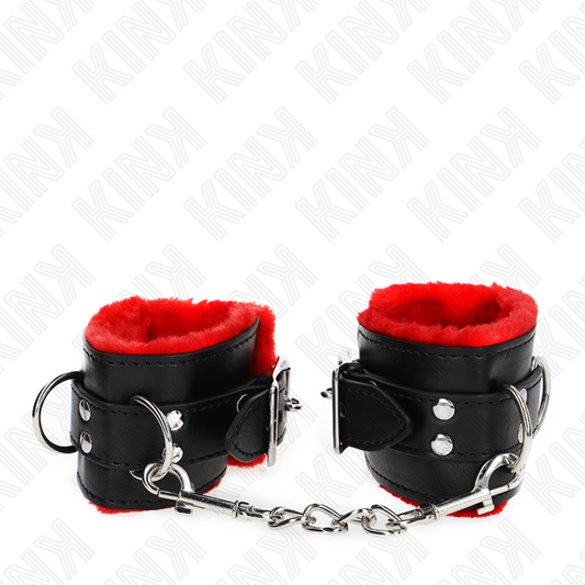 KINK - FUR-LINED WRIST RESTRAINTS WITH SQUARE HOLES, RED AND BLACK BELT, ADJUSTABLE 17-29 CM X 6 CM