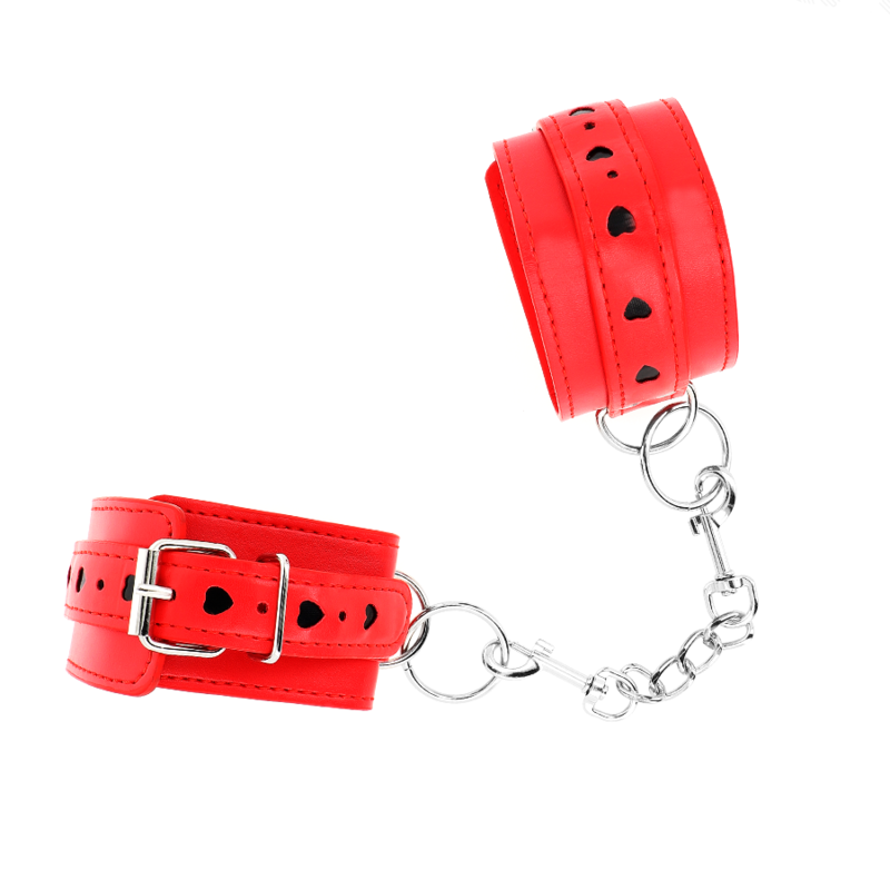 KINK - RED WRIST RESTRAINTS WITH BLACK HEART INSERT, ADJUSTABLE 21-28 CM X 5.5 CM
