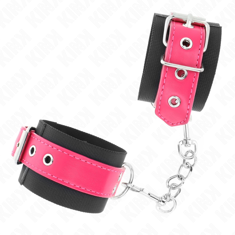KINK - BLACK NYLON WRIST CUFFS WITH RASPBERRY PINK FAUX LEATHER BELT, ADJUSTABLE 19-29 CM X 5.1 CM