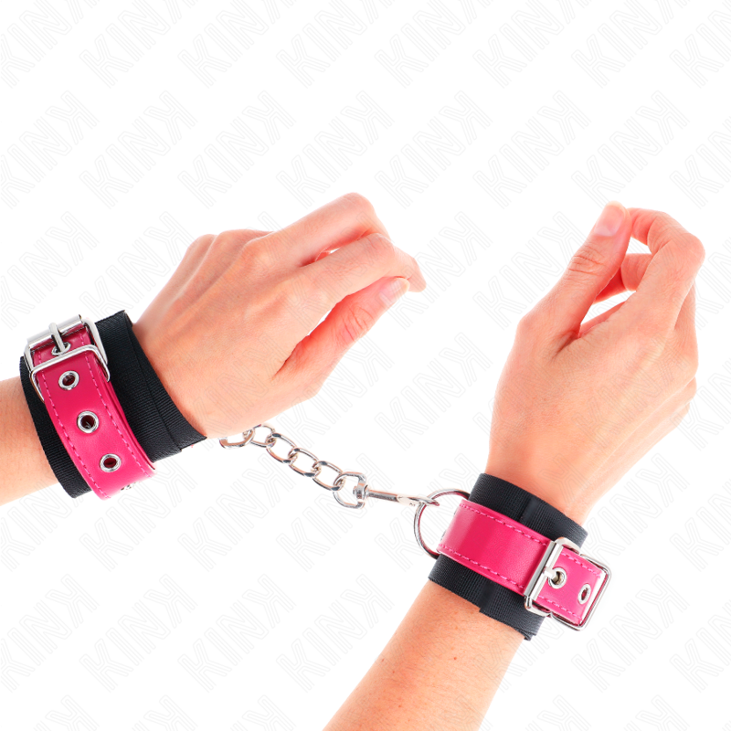 KINK - BLACK NYLON WRIST CUFFS WITH RASPBERRY PINK FAUX LEATHER BELT, ADJUSTABLE 19-29 CM X 5.1 CM
