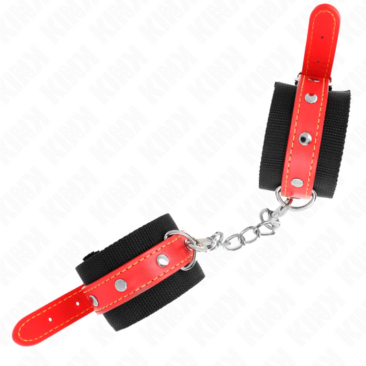KINK - NYLON WRIST CUFFS BLACK WITH RED FAUX LEATHER ADJUSTABLE 19-24 CM X 5.5 CM