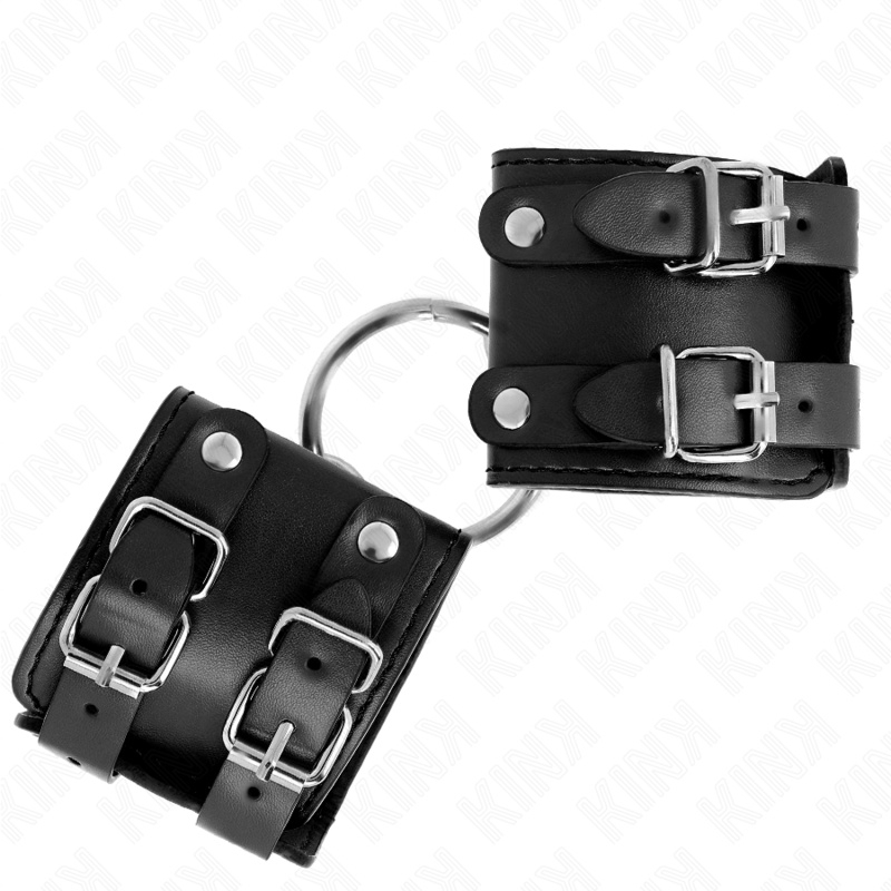 KINK - FIXED WRIST CUFFS WITH RING AND RIVETS ADJUSTABLE BLACK 17-22 CM X 6.5 CM