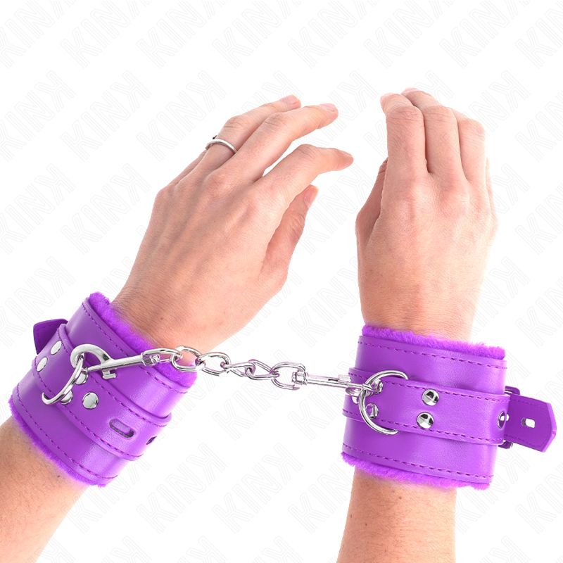 KINK - FUR-LINED WRIST RESTRAINTS WITH SQUARE HOLES, PURPLE AND PURPLE BELT, ADJUSTABLE 17-29 CM X 6 CM