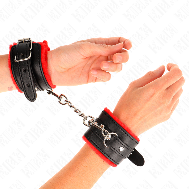 KINK - PREMIUM FUR-LINED WRIST RESTRAINTS RED WITH BLACK BELT ADJUSTABLE 17-29 CM X 6 CM