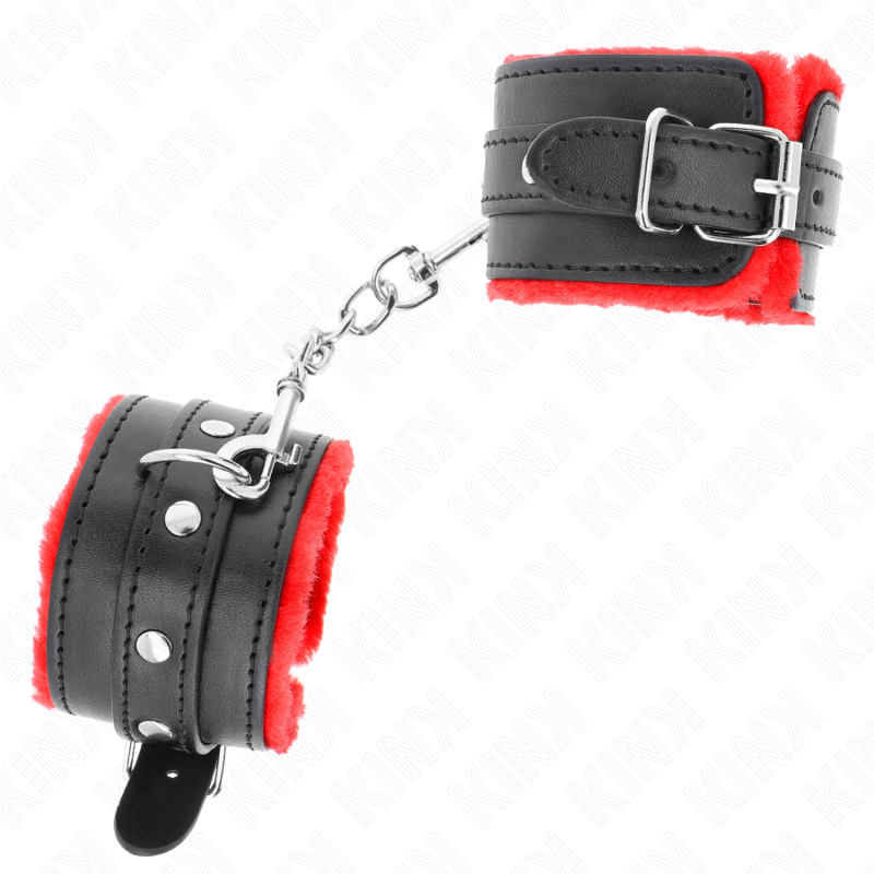 KINK - PREMIUM FUR-LINED WRIST RESTRAINTS RED WITH BLACK BELT ADJUSTABLE 17-29 CM X 6 CM
