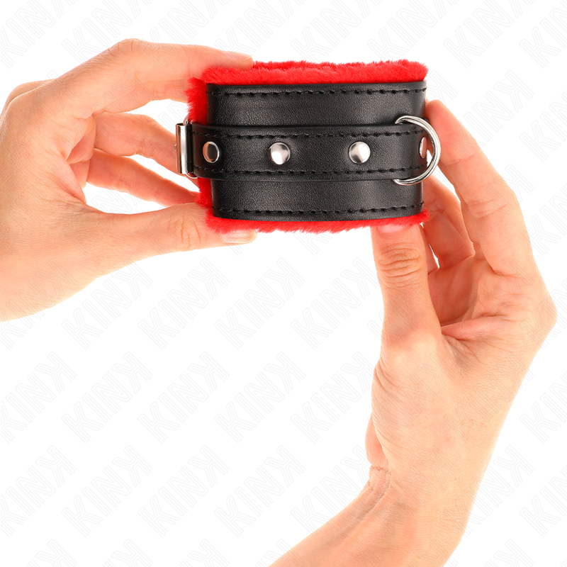 KINK - PREMIUM FUR-LINED WRIST RESTRAINTS RED WITH BLACK BELT ADJUSTABLE 17-29 CM X 6 CM