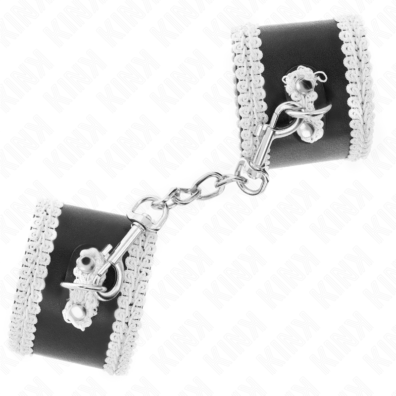 KINK - BLACK WRIST RESTRAINTS WITH WHITE DECORATED TIP, ADJUSTABLE 20-23 CM X 5.5 CM