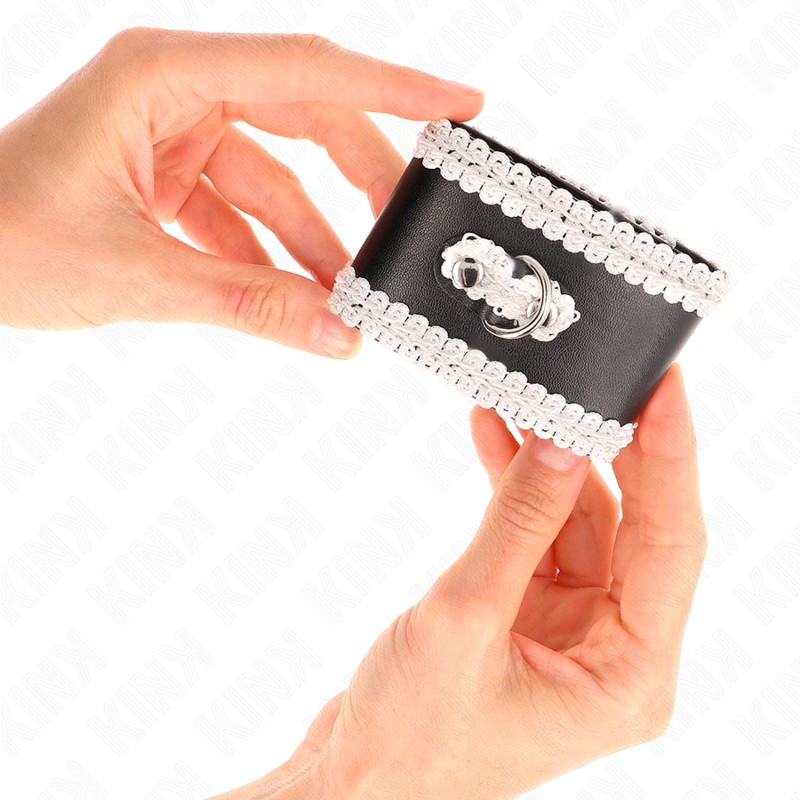 KINK - BLACK WRIST RESTRAINTS WITH WHITE DECORATED TIP, ADJUSTABLE 20-23 CM X 5.5 CM