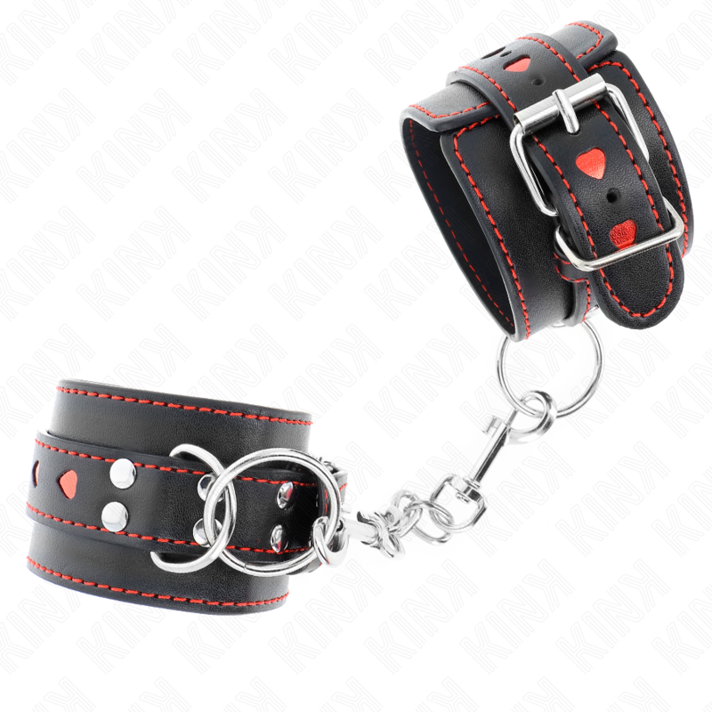 KINK - BLACK WRIST CUFFS WITH RED HEART INSERT, ADJUSTABLE 21-28 CM X 5.5 CM