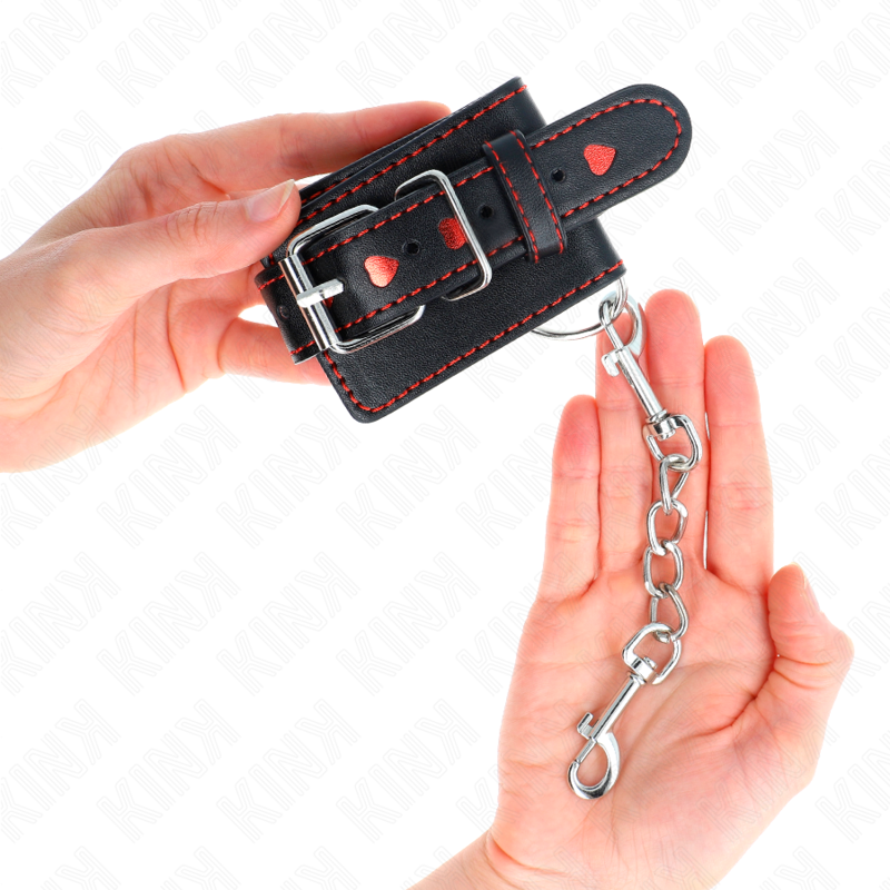 KINK - BLACK WRIST CUFFS WITH RED HEART INSERT, ADJUSTABLE 21-28 CM X 5.5 CM