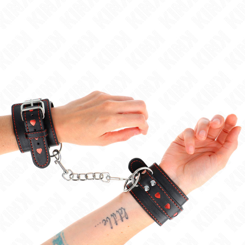 KINK - BLACK WRIST CUFFS WITH RED HEART INSERT, ADJUSTABLE 21-28 CM X 5.5 CM