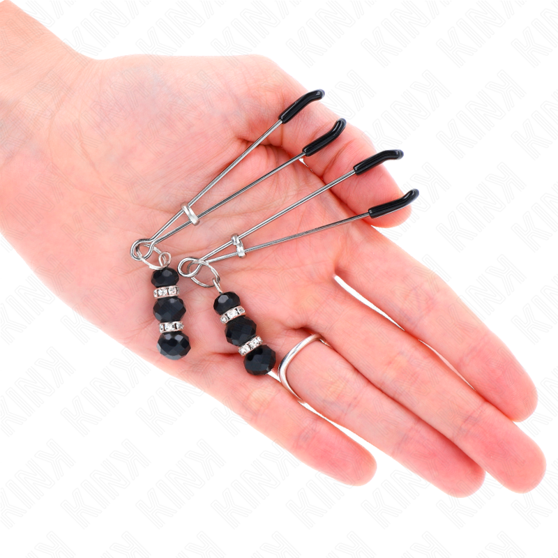 KINK - GOLDEN THIN NIPPLE CLAMPS WITH 3 BLACK GLASS BEADS 7 CM