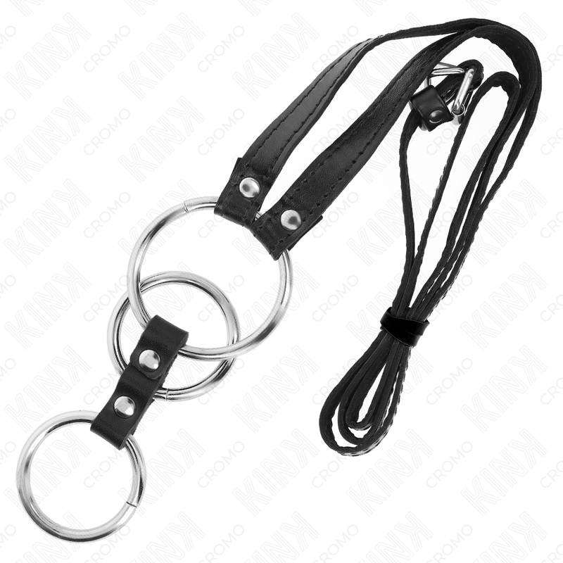 KINK - TRIPLE METAL PENIS RING 3.8 CM TO 5 CM WITH LEATHER STRAPS 112 CM