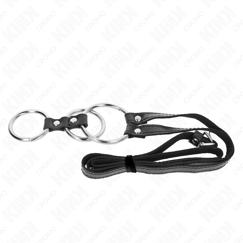 KINK - TRIPLE METAL PENIS RING 3.8 CM TO 5 CM WITH LEATHER STRAPS 112 CM