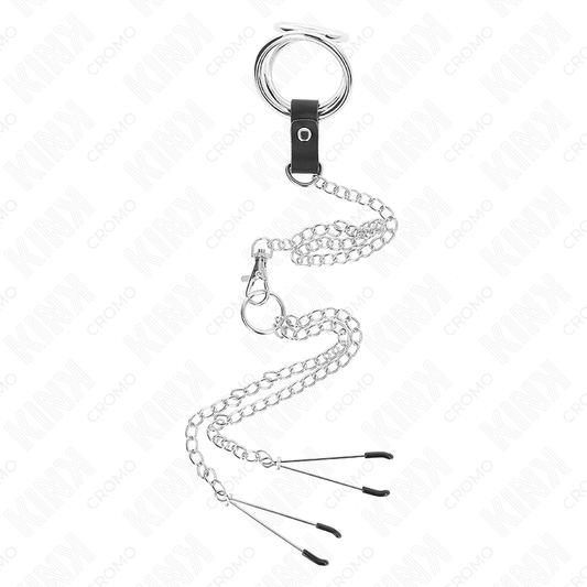 KINK - TRIPLE CHROME METAL PENIS RING 3 CM TO 4.5 CM WITH 26 CM METAL CHAIN ​​AND BREAST CLIPS