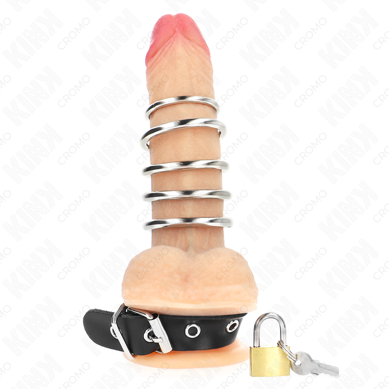 KINK - LEATHER PENIS RING WITH CLOSURE STRAP 21 X 2 CM AND 5 METAL RINGS FROM 3 CM TO 4 CM