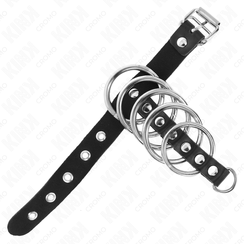 KINK - LEATHER PENIS RING WITH CLOSURE STRAP 21 X 2 CM AND 5 METAL RINGS FROM 3 CM TO 4 CM
