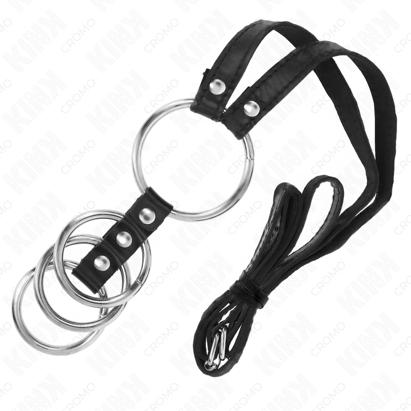KINK - 4 Connected Metal Penis Rings 3.8 cm to 5 cm with Leather Straps 112 cm