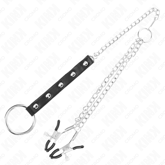KINK - METAL PENIS RING WITH CHAIN ​​AND ADJUSTABLE BREAST CLIPS