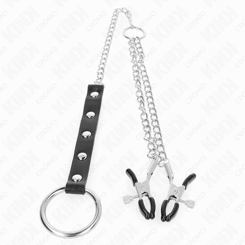 KINK - METAL PENIS RING WITH CHAIN ​​AND ADJUSTABLE BREAST CLIPS