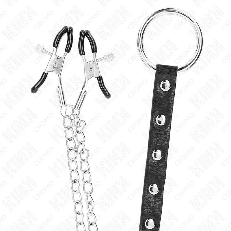 KINK - METAL PENIS RING WITH CHAIN ​​AND ADJUSTABLE BREAST CLIPS