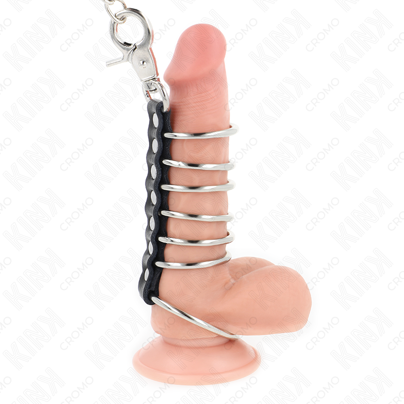KINK - 7 metal penis rings, 3.8 cm to 5 cm, connected with leather and a 100 cm metal chain