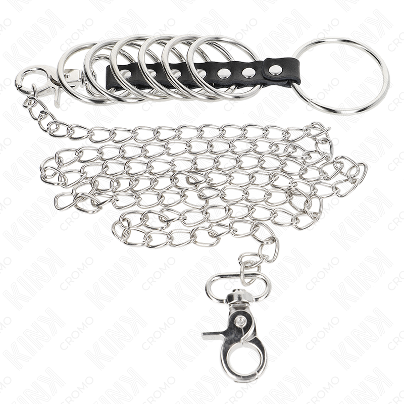 KINK - 7 metal penis rings, 3.8 cm to 5 cm, connected with leather and a 100 cm metal chain